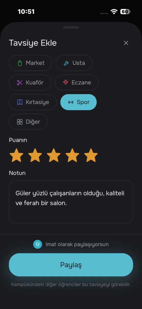 Tavsiye ekleme ekranı, kategori ve yıldız seçimi