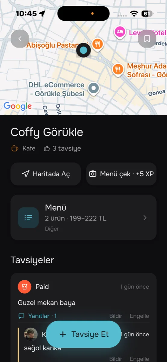 Tavsiye uygulamasında bir kafenin detay sayfası, menü ve öğrenci yorumları