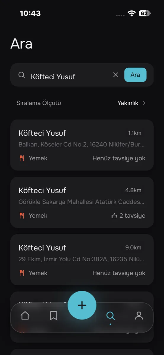 Arama ekranı, işletme sonuçları